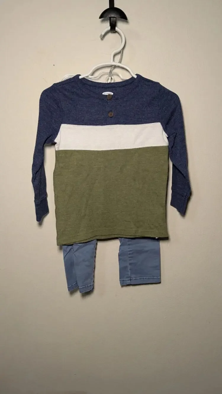 Old Navy White & Green Thermal + Cat & Jack Blue Skinny Chinos Boys Size 2T